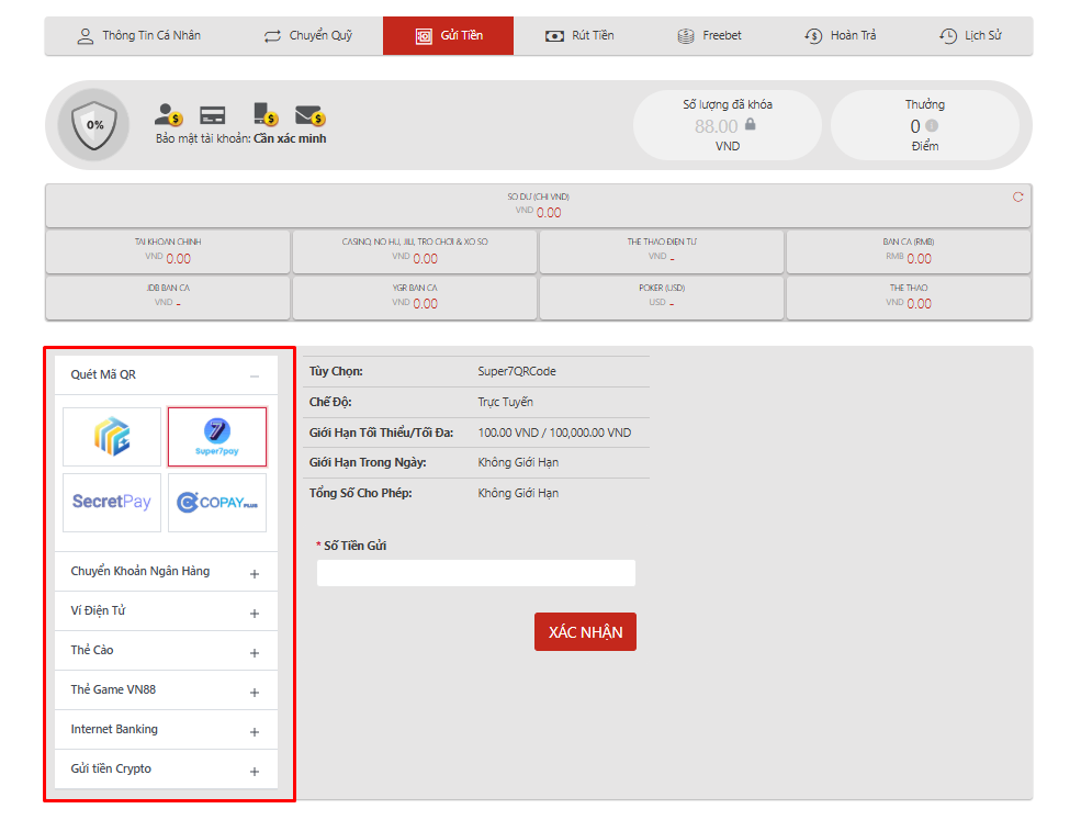 phương thức nạp tiền VN88