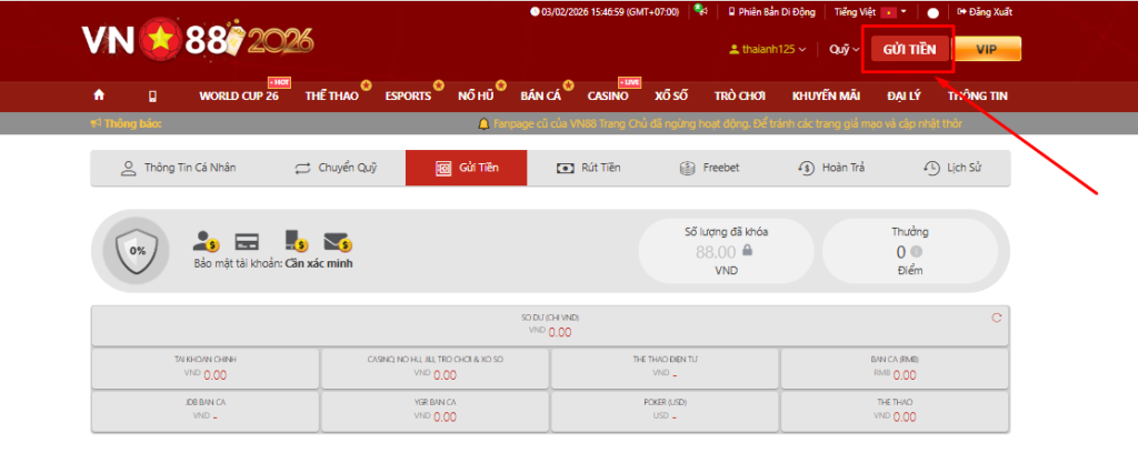 chọn gửi tiền VN88