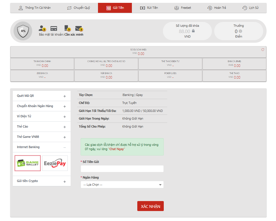 Nạp internet banking VN88